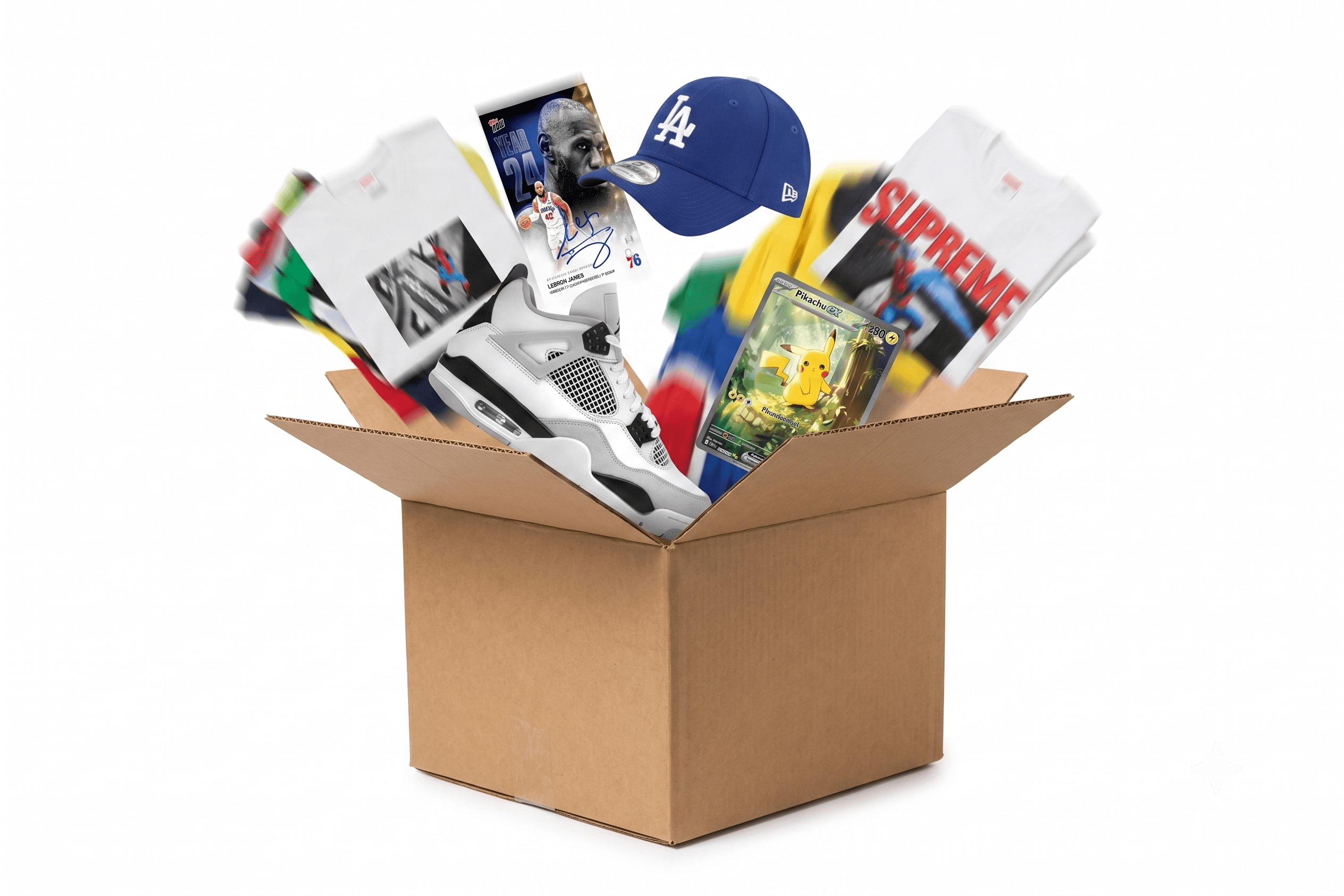 Apparel, sneakers, and trading cards packed for export